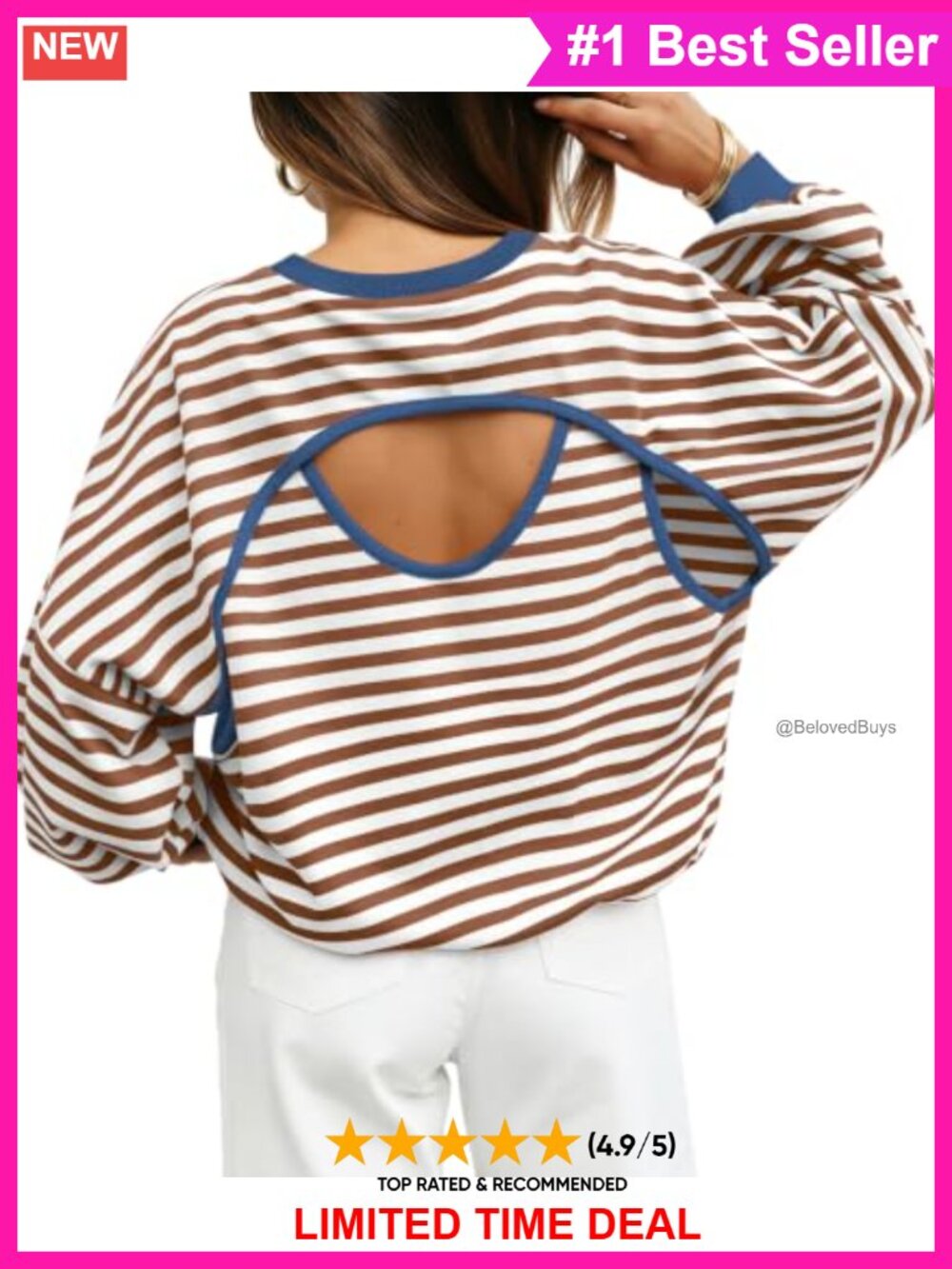 Striped Long Sleeve Open Back Loose Fit Sweatshirt Women Crew Neck